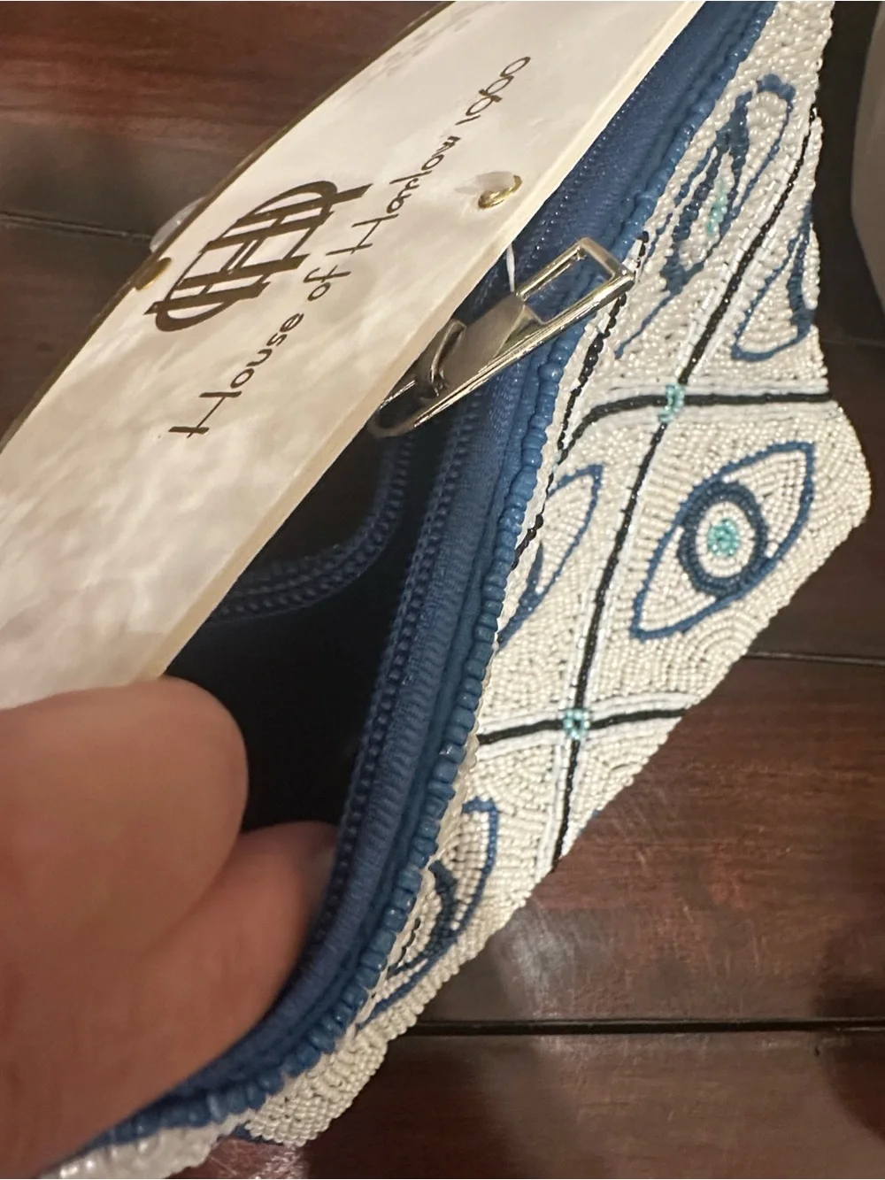House of Harlow 1960 Blue and White Beaded Eye Motif Wristlet